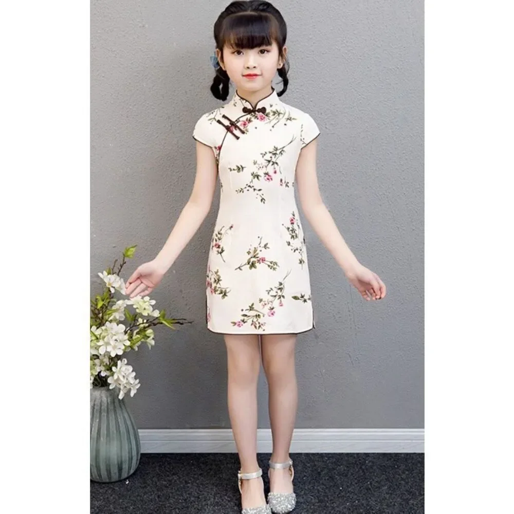 Kid's Floral Linen Cheongsam / Qipao Dress